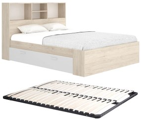 Łóżko 140 x 190 cm ze skrzynią i - Naturalny i biały + Stelaż - VARDIEL