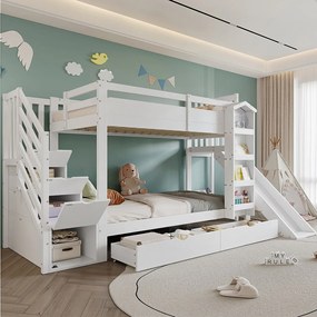 Łóżko piętrowe dla dzieci - 2 x 90 x 200 cm - z półką + 2 szufladami + zjeżdżalnią + drabinką - sosna + płyta MDF - białe