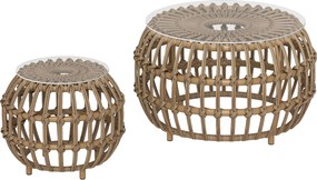 Outsunny Zestaw 2 Stolików Bocznych z Polirattanu Ø66/42 cm Okrągłe Wodoodporne z Blatem ze Szkła Brązowe