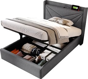 Łóżko dziecięce 90x200 cm - z zagłówkiem, portami USB i USB typu C, stelażem - szary len - materac w cenie