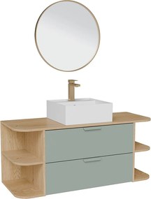Wisząca szafka łazienkowa z wnękami, nablatową umywalką kwadratową, baterią i lustrem – Zielony migdałowy i jasny naturalny – szer. 120 cm – AVORELI