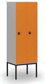 Drewniana szafa ubraniowa z podstawą, 2-drzwiowa, 1871 x 600 x 500 mm, demontaż, zamek RFID, szary/pomarańczowy
