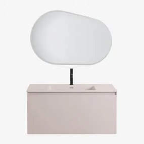 Zestaw Wiszących Mebli Łazienkowych Zintegrowany Z Umywalką Macrae Nature & Owalna Lampa Led I Przeciwmgielna 100x80 Cm Riben & Czarny Matowy ↑20 Cm Z