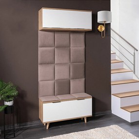 Zestaw do Przedpokoju P-012 90 cm z Szafką na Buty i Siedziskiem Biały/Dąb Artisan Tapicerowany Nowoczesny