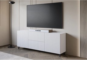 Nowoczesny lowboard 180 cm biały, szafka RTV z ryflowanymi frontami, 2 szuflady i 2 szafki boczne