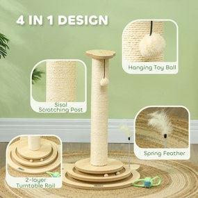 PawHut Drapak dla Kotów, 69 cm, Słup z Sizalu, Tor z Kulkami, Zabawka, Design 4-w-1, Kremowy