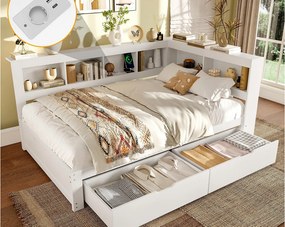 Sofa rozkładana 140x200 cm - z 2 szufladami - z gniazdkiem + 2 USB - z listwowym stelażem - biały (materac nie jest w zestawie)