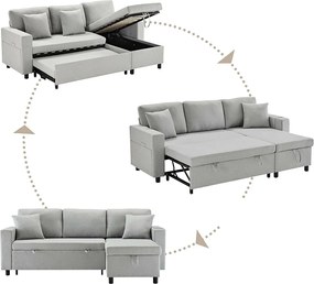 Sofa 3-osobowy rozkładany z tkaniny lnianej - z miejscem do przechowywania i bocznymi kieszeniami - Jasnoszary