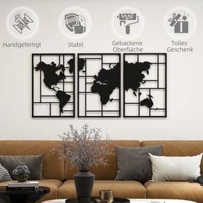 HOMCOM Dekoracja ścienna z metalu, 3 części, mapa świata, sztuka na ścianę do salonu, sypialni, przedpokoju, 50 x 80 cm, czarny | Aosom PL