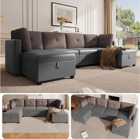 Narożnik modułowy 6-osobowy - 261 x 132,5 x 85 cm - z podnóżkiem ze schowkiem + poduszki - welur - szary