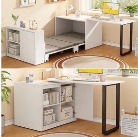Biurko składane i łóżko 2 w 1 - 216 x 116 x 79 cm - z łóżkiem 90 x 188 cm + 2 półki - metal + płyta MDF - biały