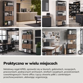 Regał na segregatory z szafką zamykaną, biurowy, otwarte półki, metalowy antracytowy/orzech, 800x2200x400 mm: ARIEL Eco Design