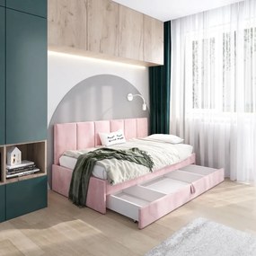 Łóżko młodzieżowe SORA 2 90x200 różowe z tapicerowanym panelem i szufladą MKPOL