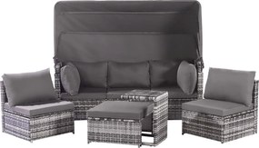 Zestaw mebli ogrodowych z wikliny żywicznej: 3-osobowa sofa ze składanym dachem + 2 fotele + 1 pufa + stolik kawowy - 13 poduszek na siedziska i oparcia - Szary