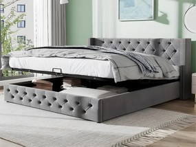 Łóżko ze schowkiem - 140 x 200 cm - aksamit - stelaż listwowy - styl skandynawski - szary