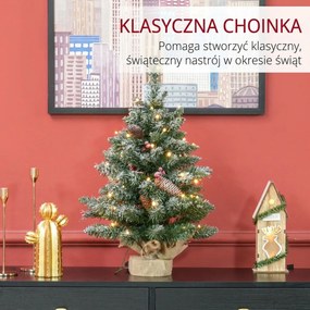 HOMCOM Sztuczna choinka, 86 gałązek, 50 ciepłobiałych LED, szronione końcówki, ognioodporna, 0,6 m | Aosom PL