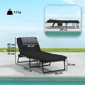 Outsunny Składany leżak ogrodowy z poduszką, leżak z 4-stopniowo regulowanym oparciem i boczną kieszenią, czarny | Aosom PL