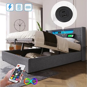 Łóżko ze schowkiem 140x200 cm - szary len - łóżko młodzieżowe z funkcją ładowania przez USB i oświetleniem LED - bez materaca
