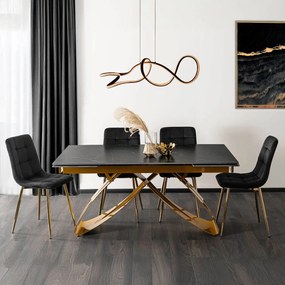 Zestaw Stół Rozkładany LUIGI 160-240 cm Czarny/Złoty i 4 Krzesła Tapicerowane YORK Czarne Glamour