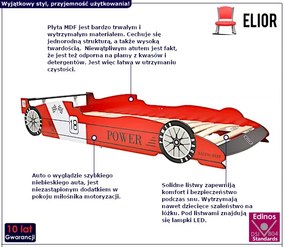 Czerwone łóżko auto z lampkami LED 90x200 - Orfeo