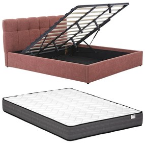 Łóżko ze skrzynią 180 x 200 cm - Tkanina z bukli - Terakota + Materac - MAZIRI