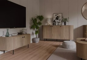 Komoda Opunio 3-drzwiowa z półkami – nowoczesna komoda do salonu beż piaskowy / dąb cremona / dąb dunin, metalowe nogi