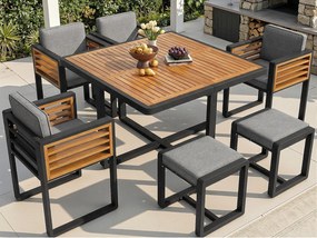 Zestaw jadalniany do ogrodu na 4-6 osób, 1 stół jadalniany z litego drewna, 4 fotele, 2 taborety, szary