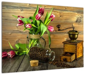 Obraz na szkle - tulipany, młynek i kawa (70x50 cm)