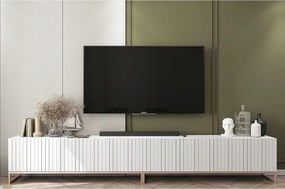 Szafka RTV z 8 drzwiami – Korpus Biały mat, frezowane fronty Biały mat – 300 cm, metalowy stelaż