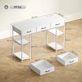 HOMCOM Biurko/Stół kuchenny z 2 portami USB i 2 gniazdkami, regulowane półki, 3 materiałowe szuflady, 120x40x76 cm, biały | Aosom PL