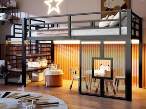 Łóżko na antresoli z metalu 90x200cm - z oświetleniem LED - Wzór okna - Czarny (bez materaca)