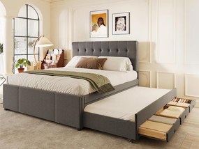 Łóżko tapicerowane 140x200cm z łóżkiem wysuwanym 90x190cm - z tkaniny lnianej - z 3 szufladami i stelażem na listwach - Szary