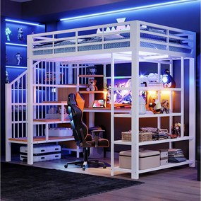 Łóżko piętrowe z kutego żelaza 140×200 cm - z biurkiem - z gniazdkiem elektrycznym - z oświetleniem LED - biały (materac nie wchodzi w skład zestawu)