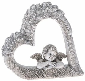 Dekoracja serce z aniołem, szary, polyresin, 14,5 x 13,5 x 4 cm