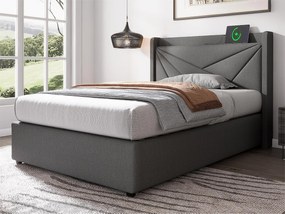 Łóżko 90x200cm z tkaniny lnianej - z portem USB i stelażem na listwy - Szare