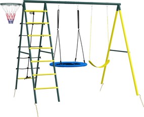 Outsunny Konstrukcja Huśtawki dla Dzieci z 2 Huśtawkami, Koszykiem do Koszykówki, Drabinką do Wspinaczki, 267x180x202 cm, Żółty