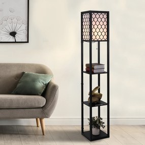 HOMCOM Lampa Stojąca z Półkami Czarna Drewniana Oświetlenie Salon E27 do 40W 26x26x160cm | Aosom PL