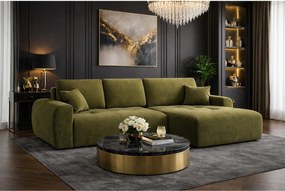 Narożnik w kształcie L z funkcją spania i pojemnikiem Ivo L, tkanina welurowa Salvador, Oliwkowy, Prawy