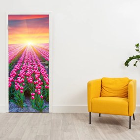 Fototapeta na drzwi - Pole tulipanów ze słońcem (95x205cm)