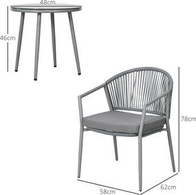 Outsunny Zestaw mebli ogrodowych, 2 krzesła &amp; 1 stolik z blatem szklanym, imitacja rattanu, odporny na warunki atmosferyczne, stalowy stelaż, szary