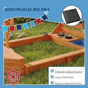 Outsunny Piaskownica z osłoną przeciwsłoneczną Piracki Statek, w zestawie zestaw kuchenny dla dzieci, Drewno Jodłowe, 180 x 103 x 144,5 cm, Pomarańczowy