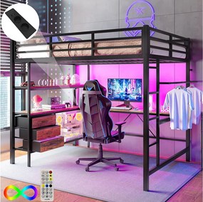 Łóżko mezzanine 140x200cm z LED i gniazdkami - biurko z 3 szufladami i półką - Czarne
