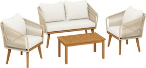 Outsunny Zestaw Mebli Ogrodowych 4-częściowy Rattanowy Zestaw Wypoczynkowy z Sofą Dwuosobową, 2 Fotelami, Stolik z Laminowanym Drewnem Akacjowym, Grube Zdejmowane Poduszki | Aosom PL