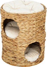 PawHut Drapak 50 cm, 2 jaskinie, poduszka, beczka dla kota z hiacyntu wodnego, Jasnobrązowy