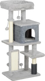 PawHut Drapak 104 cm drapak dla kota z budką legowiskiem słupkami z sizalu matą do drapania pluszowymi piłeczkami dla kotów do 5 kg jasnoszary | Aosom PL