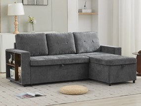 Sofa narożna w kształcie L, 3-osobowa - 202 x 136 x 85 cm - Półka boczna - Wygodne poduszki - Tkanina welurowa - Szary