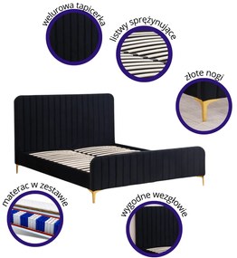 Łóżko podwójne tapicerowane z MATERACEM i stelażem 160x200 czarny welur SIENA