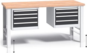 Stół warsztatowy z regulacją wysokości G3, 1700 x 685 x 840-1050 mm, 2x 4 szufladowy kontener, grafitowy