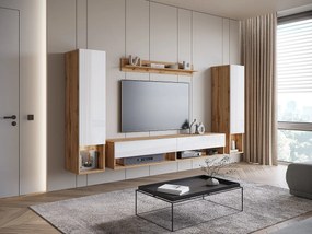 Nowoczesna meblościanka z LED – zestaw wiszący do salonu 2 słupki + szafka RTV 180 cm + półka, korpus dąb wotan, fronty biały połysk