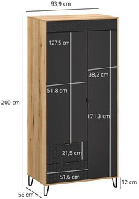 Szafa dwudrzwiowa z drążkiem na nóżkach dąb evok + czarny T0-E56